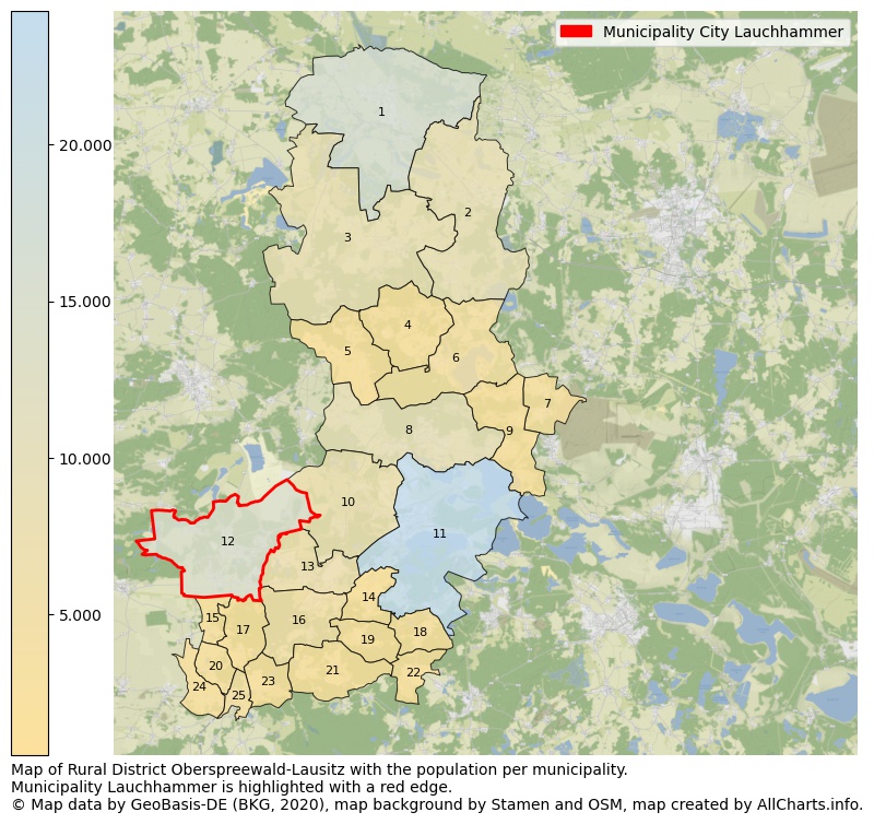 Map of Rural district Oberspreewald-Lausitz with the population per municipality.Municipality Lauchhammer is highlighted with a red edge.. This page shows a lot of information about residents (such as the distribution by age groups, family composition, gender, native or German with an immigration background, ...), homes (numbers, types, price development, use, type of property, ...) and more (car ownership, energy consumption, ...) based on open data from the German Federal Agency for Cartography, the Federal Statistical Office (DESTATIS), the Regional Statistical Offices and various other sources!