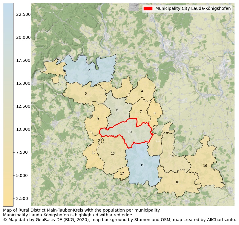 Map of Rural district Main-Tauber-Kreis with the population per municipality.Municipality Lauda-Königshofen is highlighted with a red edge.. This page shows a lot of information about residents (such as the distribution by age groups, family composition, gender, native or German with an immigration background, ...), homes (numbers, types, price development, use, type of property, ...) and more (car ownership, energy consumption, ...) based on open data from the German Federal Agency for Cartography, the Federal Statistical Office (DESTATIS), the Regional Statistical Offices and various other sources!