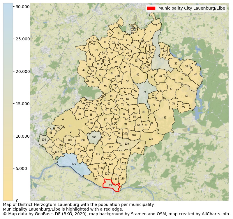 Map of District Herzogtum Lauenburg with the population per municipality.Municipality Lauenburg/Elbe is highlighted with a red edge.. This page shows a lot of information about residents (such as the distribution by age groups, family composition, gender, native or German with an immigration background, ...), homes (numbers, types, price development, use, type of property, ...) and more (car ownership, energy consumption, ...) based on open data from the German Federal Agency for Cartography, the Federal Statistical Office (DESTATIS), the Regional Statistical Offices and various other sources!