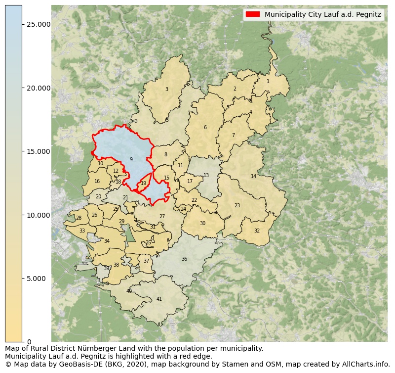 Map of Rural district Nürnberger Land with the population per municipality.Municipality Lauf a.d. Pegnitz is highlighted with a red edge.. This page shows a lot of information about residents (such as the distribution by age groups, family composition, gender, native or German with an immigration background, ...), homes (numbers, types, price development, use, type of property, ...) and more (car ownership, energy consumption, ...) based on open data from the German Federal Agency for Cartography, the Federal Statistical Office (DESTATIS), the Regional Statistical Offices and various other sources!