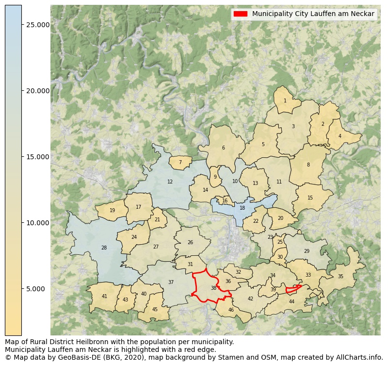 Map of Rural district Heilbronn with the population per municipality.Municipality Lauffen am Neckar is highlighted with a red edge.. This page shows a lot of information about residents (such as the distribution by age groups, family composition, gender, native or German with an immigration background, ...), homes (numbers, types, price development, use, type of property, ...) and more (car ownership, energy consumption, ...) based on open data from the German Federal Agency for Cartography, the Federal Statistical Office (DESTATIS), the Regional Statistical Offices and various other sources!