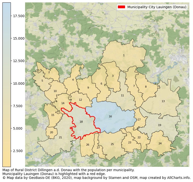 Map of Rural district Dillingen a.d. Donau with the population per municipality.Municipality Lauingen (Donau) is highlighted with a red edge.. This page shows a lot of information about residents (such as the distribution by age groups, family composition, gender, native or German with an immigration background, ...), homes (numbers, types, price development, use, type of property, ...) and more (car ownership, energy consumption, ...) based on open data from the German Federal Agency for Cartography, the Federal Statistical Office (DESTATIS), the Regional Statistical Offices and various other sources!