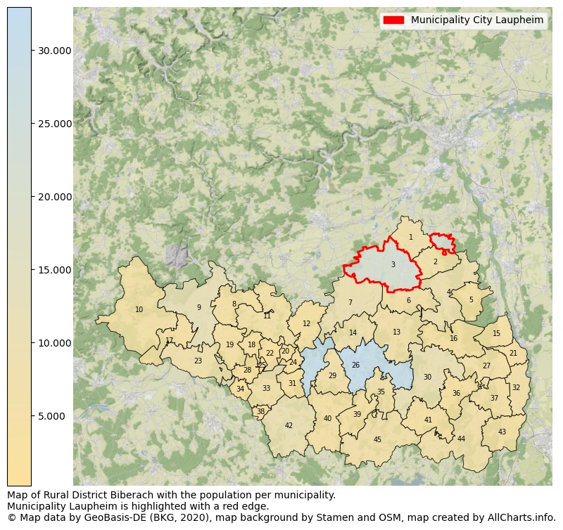 Map of Rural district Biberach with the population per municipality.Municipality Laupheim is highlighted with a red edge.. This page shows a lot of information about residents (such as the distribution by age groups, family composition, gender, native or German with an immigration background, ...), homes (numbers, types, price development, use, type of property, ...) and more (car ownership, energy consumption, ...) based on open data from the German Federal Agency for Cartography, the Federal Statistical Office (DESTATIS), the Regional Statistical Offices and various other sources!