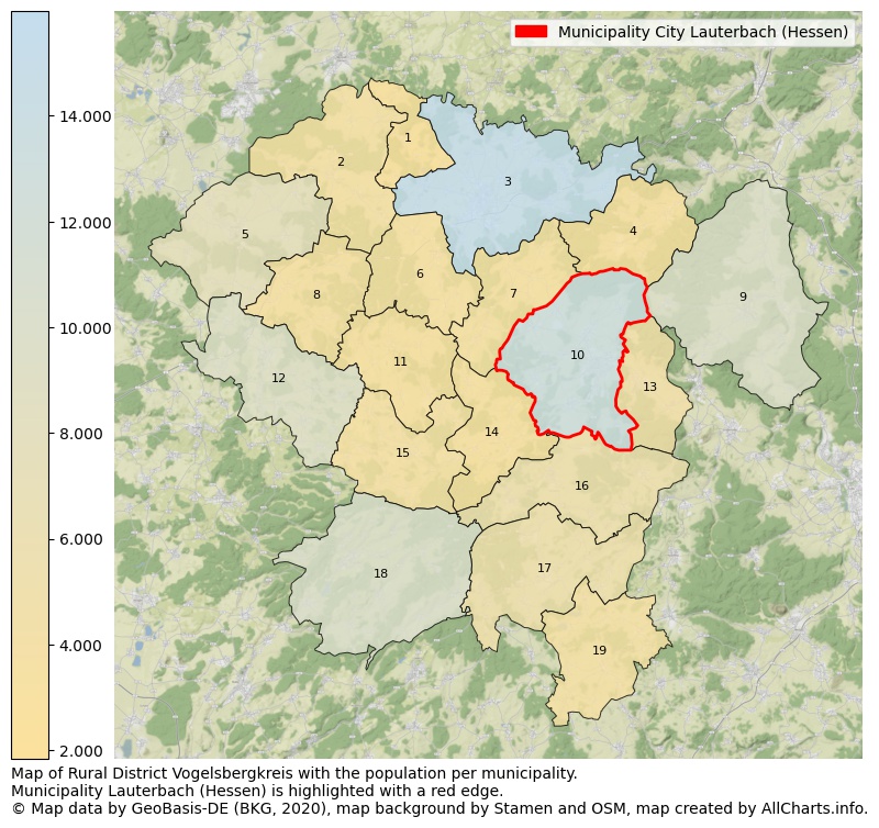 Map of Rural district Vogelsbergkreis with the population per municipality.Municipality Lauterbach (Hessen) is highlighted with a red edge.. This page shows a lot of information about residents (such as the distribution by age groups, family composition, gender, native or German with an immigration background, ...), homes (numbers, types, price development, use, type of property, ...) and more (car ownership, energy consumption, ...) based on open data from the German Federal Agency for Cartography, the Federal Statistical Office (DESTATIS), the Regional Statistical Offices and various other sources!