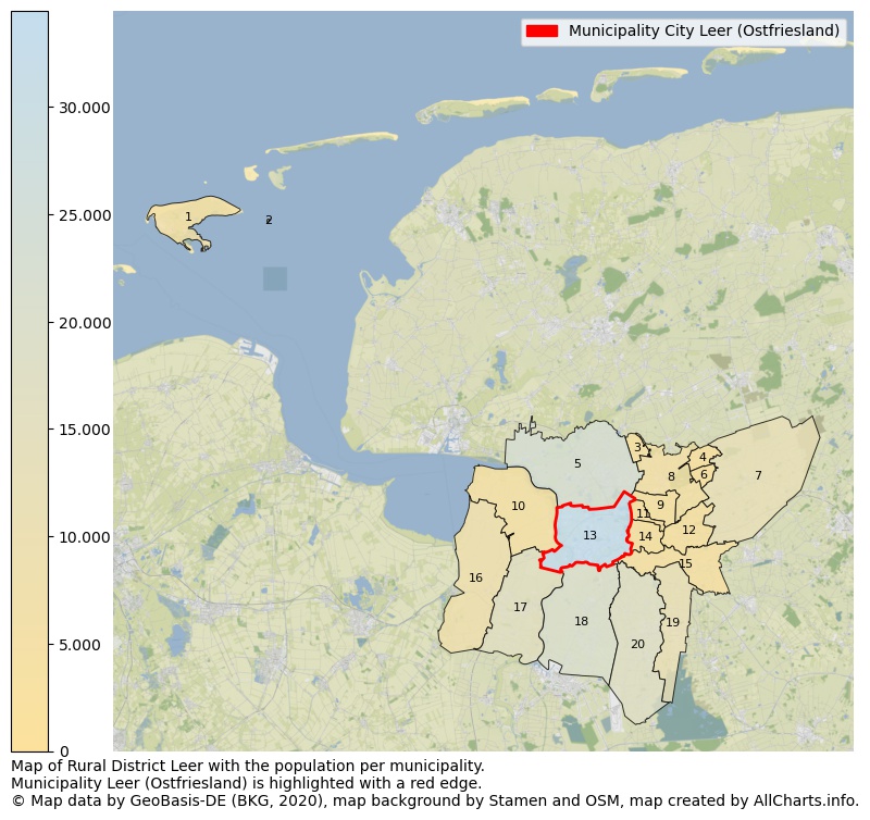 Map of Rural district Leer with the population per municipality.Municipality Leer (Ostfriesland) is highlighted with a red edge.. This page shows a lot of information about residents (such as the distribution by age groups, family composition, gender, native or German with an immigration background, ...), homes (numbers, types, price development, use, type of property, ...) and more (car ownership, energy consumption, ...) based on open data from the German Federal Agency for Cartography, the Federal Statistical Office (DESTATIS), the Regional Statistical Offices and various other sources!