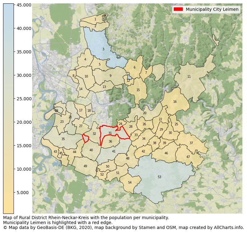 Map of Rural district Rhein-Neckar-Kreis with the population per municipality.Municipality Leimen is highlighted with a red edge.. This page shows a lot of information about residents (such as the distribution by age groups, family composition, gender, native or German with an immigration background, ...), homes (numbers, types, price development, use, type of property, ...) and more (car ownership, energy consumption, ...) based on open data from the German Federal Agency for Cartography, the Federal Statistical Office (DESTATIS), the Regional Statistical Offices and various other sources!