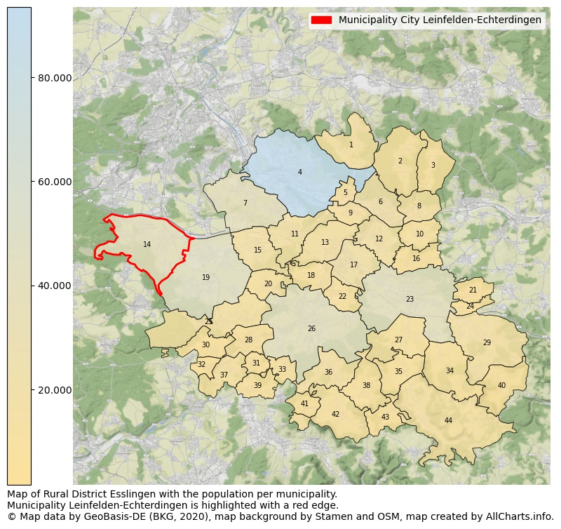 Map of Rural district Esslingen with the population per municipality.Municipality Leinfelden-Echterdingen is highlighted with a red edge.. This page shows a lot of information about residents (such as the distribution by age groups, family composition, gender, native or German with an immigration background, ...), homes (numbers, types, price development, use, type of property, ...) and more (car ownership, energy consumption, ...) based on open data from the German Federal Agency for Cartography, the Federal Statistical Office (DESTATIS), the Regional Statistical Offices and various other sources!