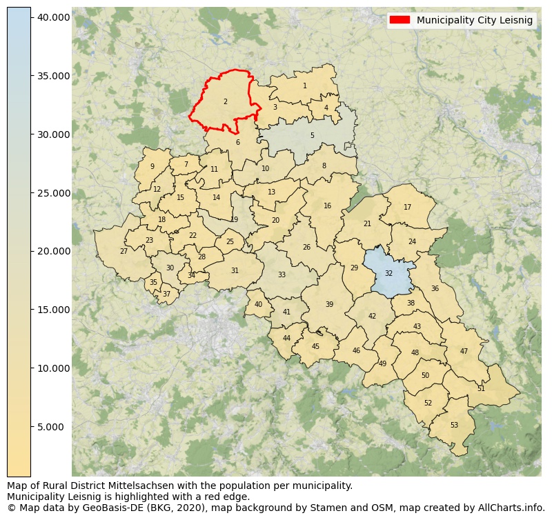 Map of Rural district Mittelsachsen with the population per municipality.Municipality Leisnig is highlighted with a red edge.. This page shows a lot of information about residents (such as the distribution by age groups, family composition, gender, native or German with an immigration background, ...), homes (numbers, types, price development, use, type of property, ...) and more (car ownership, energy consumption, ...) based on open data from the German Federal Agency for Cartography, the Federal Statistical Office (DESTATIS), the Regional Statistical Offices and various other sources!
