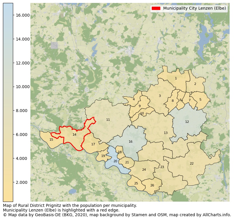 Map of Rural district Prignitz with the population per municipality.Municipality Lenzen (Elbe) is highlighted with a red edge.. This page shows a lot of information about residents (such as the distribution by age groups, family composition, gender, native or German with an immigration background, ...), homes (numbers, types, price development, use, type of property, ...) and more (car ownership, energy consumption, ...) based on open data from the German Federal Agency for Cartography, the Federal Statistical Office (DESTATIS), the Regional Statistical Offices and various other sources!