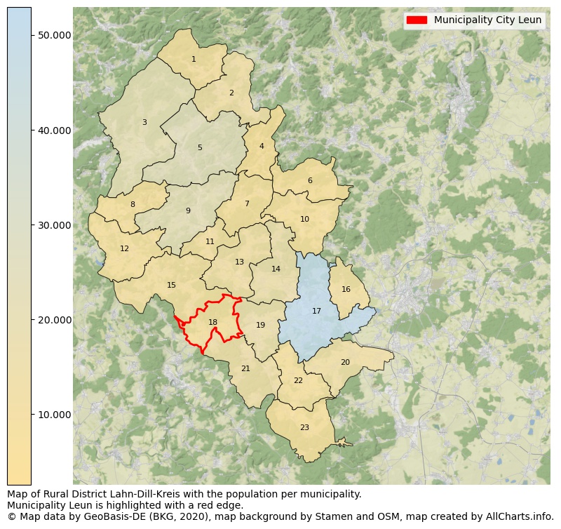Map of Rural district Lahn-Dill-Kreis with the population per municipality.Municipality Leun is highlighted with a red edge.. This page shows a lot of information about residents (such as the distribution by age groups, family composition, gender, native or German with an immigration background, ...), homes (numbers, types, price development, use, type of property, ...) and more (car ownership, energy consumption, ...) based on open data from the German Federal Agency for Cartography, the Federal Statistical Office (DESTATIS), the Regional Statistical Offices and various other sources!