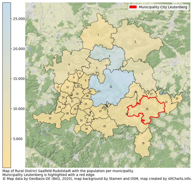 Map of Rural district Saalfeld-Rudolstadt with the population per municipality.Municipality Leutenberg is highlighted with a red edge.. This page shows a lot of information about residents (such as the distribution by age groups, family composition, gender, native or German with an immigration background, ...), homes (numbers, types, price development, use, type of property, ...) and more (car ownership, energy consumption, ...) based on open data from the German Federal Agency for Cartography, the Federal Statistical Office (DESTATIS), the Regional Statistical Offices and various other sources!