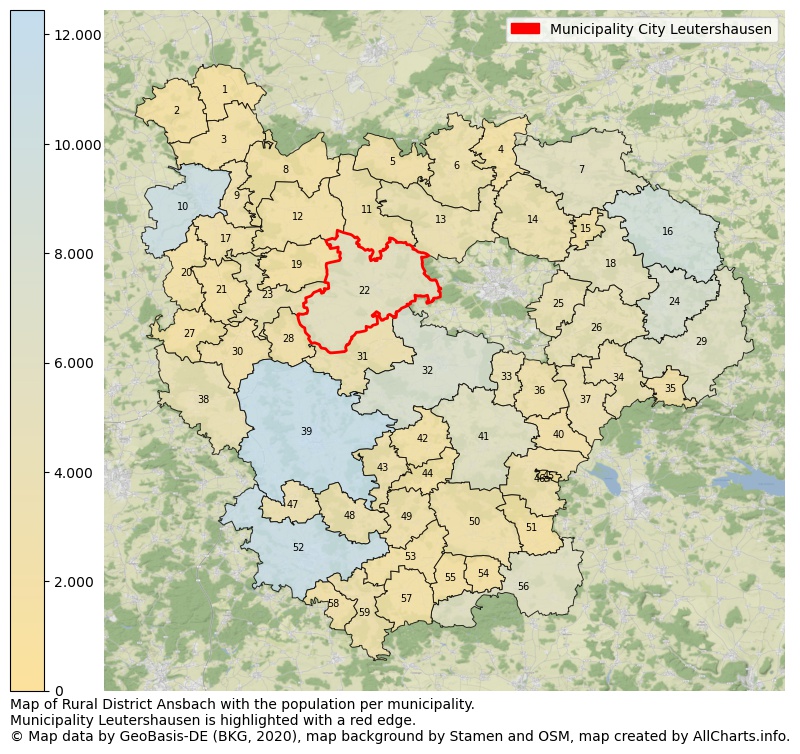 Map of Rural district Ansbach with the population per municipality.Municipality Leutershausen is highlighted with a red edge.. This page shows a lot of information about residents (such as the distribution by age groups, family composition, gender, native or German with an immigration background, ...), homes (numbers, types, price development, use, type of property, ...) and more (car ownership, energy consumption, ...) based on open data from the German Federal Agency for Cartography, the Federal Statistical Office (DESTATIS), the Regional Statistical Offices and various other sources!
