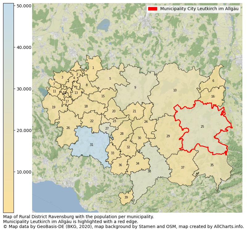 Map of Rural district Ravensburg with the population per municipality.Municipality Leutkirch im Allgäu is highlighted with a red edge.. This page shows a lot of information about residents (such as the distribution by age groups, family composition, gender, native or German with an immigration background, ...), homes (numbers, types, price development, use, type of property, ...) and more (car ownership, energy consumption, ...) based on open data from the German Federal Agency for Cartography, the Federal Statistical Office (DESTATIS), the Regional Statistical Offices and various other sources!
