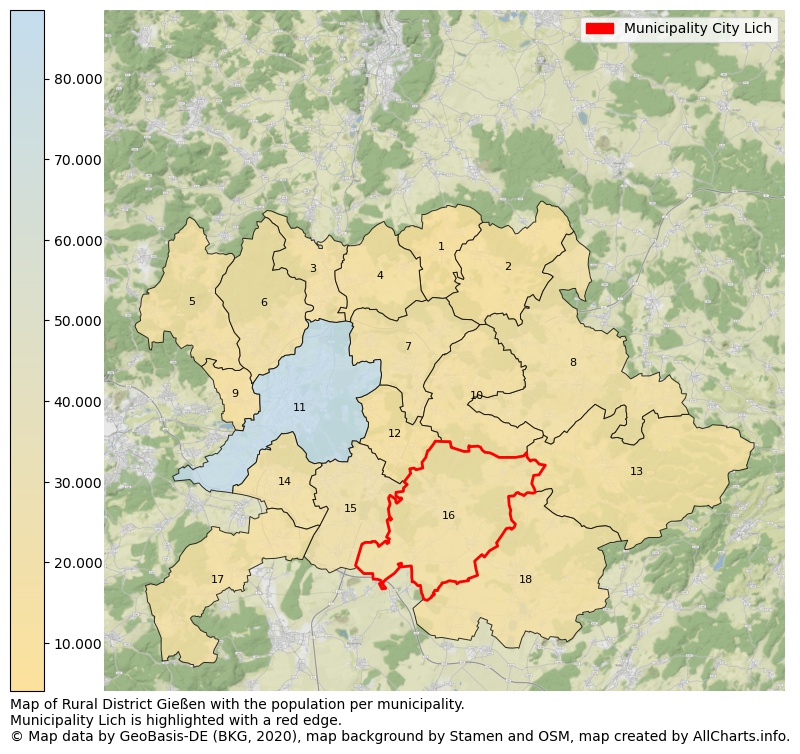 Map of Rural district Gießen with the population per municipality.Municipality Lich is highlighted with a red edge.. This page shows a lot of information about residents (such as the distribution by age groups, family composition, gender, native or German with an immigration background, ...), homes (numbers, types, price development, use, type of property, ...) and more (car ownership, energy consumption, ...) based on open data from the German Federal Agency for Cartography, the Federal Statistical Office (DESTATIS), the Regional Statistical Offices and various other sources!