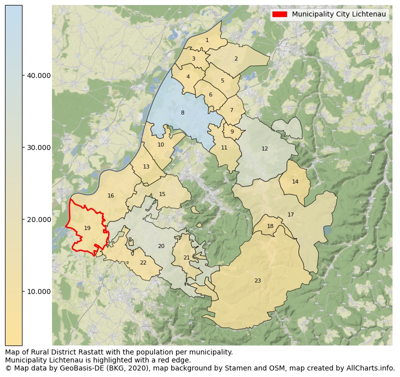 Map of Rural district Rastatt with the population per municipality.Municipality Lichtenau is highlighted with a red edge.. This page shows a lot of information about residents (such as the distribution by age groups, family composition, gender, native or German with an immigration background, ...), homes (numbers, types, price development, use, type of property, ...) and more (car ownership, energy consumption, ...) based on open data from the German Federal Agency for Cartography, the Federal Statistical Office (DESTATIS), the Regional Statistical Offices and various other sources!