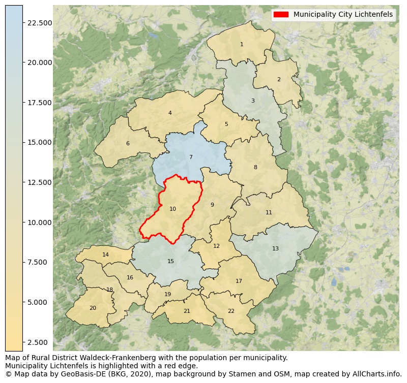 Map of Rural district Waldeck-Frankenberg with the population per municipality.Municipality Lichtenfels is highlighted with a red edge.. This page shows a lot of information about residents (such as the distribution by age groups, family composition, gender, native or German with an immigration background, ...), homes (numbers, types, price development, use, type of property, ...) and more (car ownership, energy consumption, ...) based on open data from the German Federal Agency for Cartography, the Federal Statistical Office (DESTATIS), the Regional Statistical Offices and various other sources!