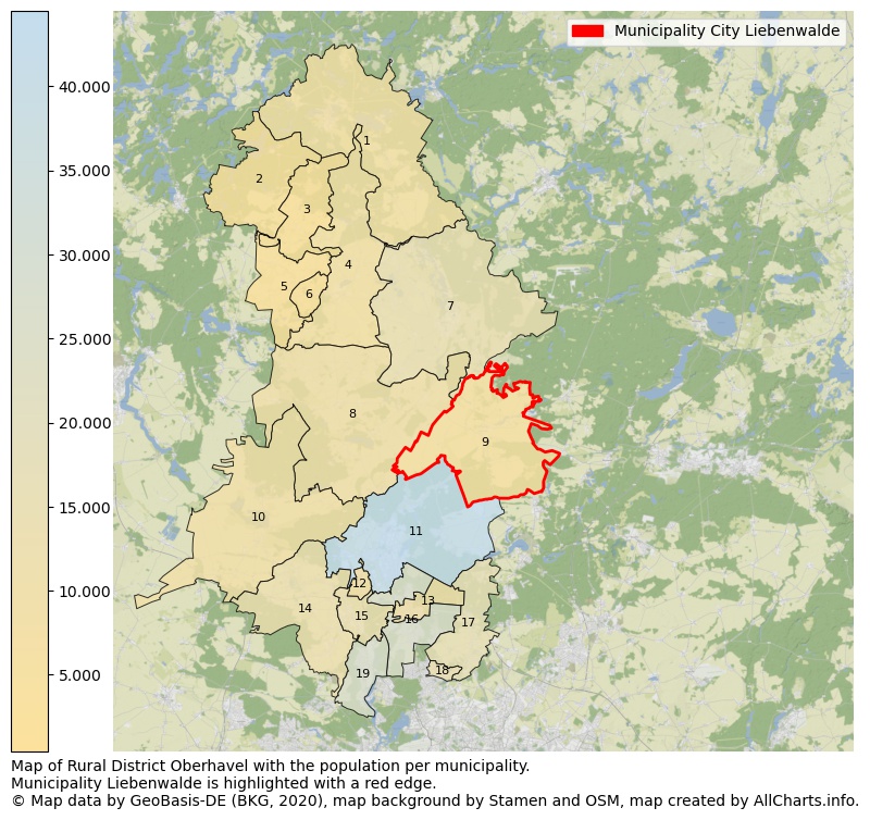 Map of Rural district Oberhavel with the population per municipality.Municipality Liebenwalde is highlighted with a red edge.. This page shows a lot of information about residents (such as the distribution by age groups, family composition, gender, native or German with an immigration background, ...), homes (numbers, types, price development, use, type of property, ...) and more (car ownership, energy consumption, ...) based on open data from the German Federal Agency for Cartography, the Federal Statistical Office (DESTATIS), the Regional Statistical Offices and various other sources!