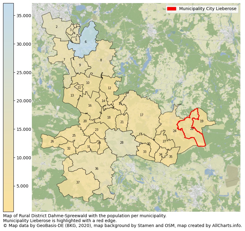 Map of Rural district Dahme-Spreewald with the population per municipality.Municipality Lieberose is highlighted with a red edge.. This page shows a lot of information about residents (such as the distribution by age groups, family composition, gender, native or German with an immigration background, ...), homes (numbers, types, price development, use, type of property, ...) and more (car ownership, energy consumption, ...) based on open data from the German Federal Agency for Cartography, the Federal Statistical Office (DESTATIS), the Regional Statistical Offices and various other sources!