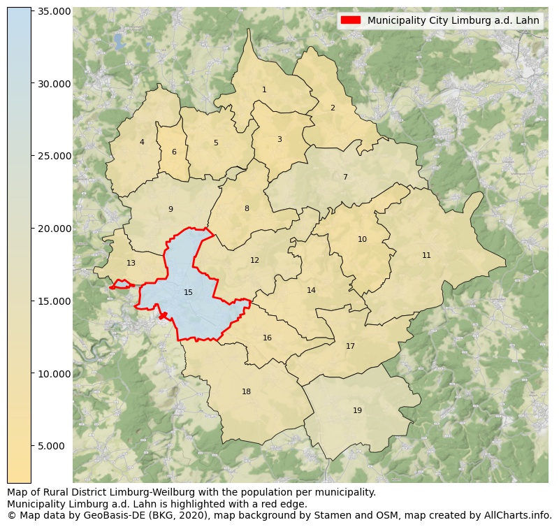 Map of Rural district Limburg-Weilburg with the population per municipality.Municipality Limburg a.d. Lahn is highlighted with a red edge.. This page shows a lot of information about residents (such as the distribution by age groups, family composition, gender, native or German with an immigration background, ...), homes (numbers, types, price development, use, type of property, ...) and more (car ownership, energy consumption, ...) based on open data from the German Federal Agency for Cartography, the Federal Statistical Office (DESTATIS), the Regional Statistical Offices and various other sources!