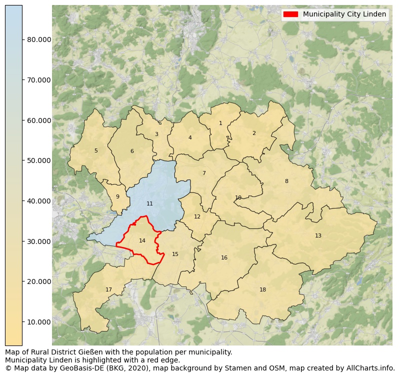 Map of Rural district Gießen with the population per municipality.Municipality Linden is highlighted with a red edge.. This page shows a lot of information about residents (such as the distribution by age groups, family composition, gender, native or German with an immigration background, ...), homes (numbers, types, price development, use, type of property, ...) and more (car ownership, energy consumption, ...) based on open data from the German Federal Agency for Cartography, the Federal Statistical Office (DESTATIS), the Regional Statistical Offices and various other sources!