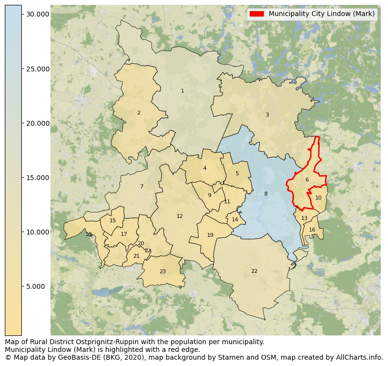 Map of Rural district Ostprignitz-Ruppin with the population per municipality.Municipality Lindow (Mark) is highlighted with a red edge.. This page shows a lot of information about residents (such as the distribution by age groups, family composition, gender, native or German with an immigration background, ...), homes (numbers, types, price development, use, type of property, ...) and more (car ownership, energy consumption, ...) based on open data from the German Federal Agency for Cartography, the Federal Statistical Office (DESTATIS), the Regional Statistical Offices and various other sources!