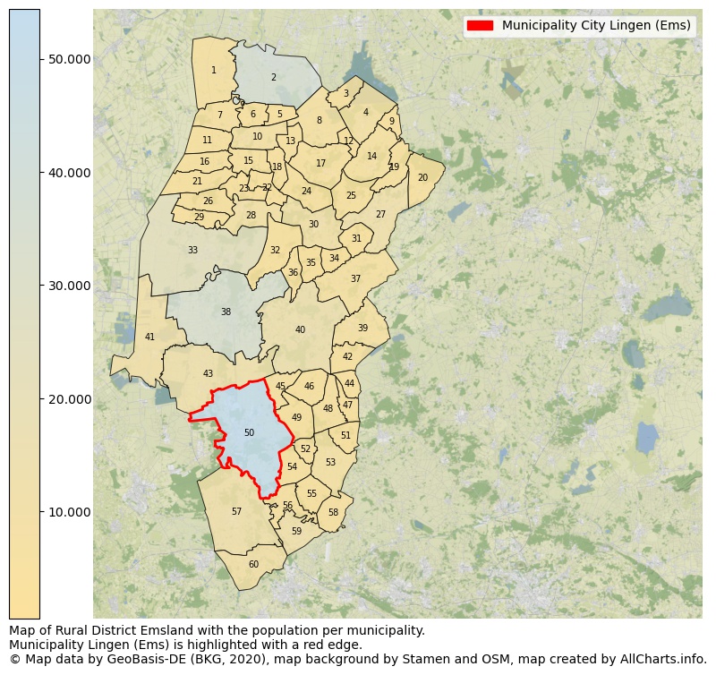 Map of Rural district Emsland with the population per municipality.Municipality Lingen (Ems) is highlighted with a red edge.. This page shows a lot of information about residents (such as the distribution by age groups, family composition, gender, native or German with an immigration background, ...), homes (numbers, types, price development, use, type of property, ...) and more (car ownership, energy consumption, ...) based on open data from the German Federal Agency for Cartography, the Federal Statistical Office (DESTATIS), the Regional Statistical Offices and various other sources!