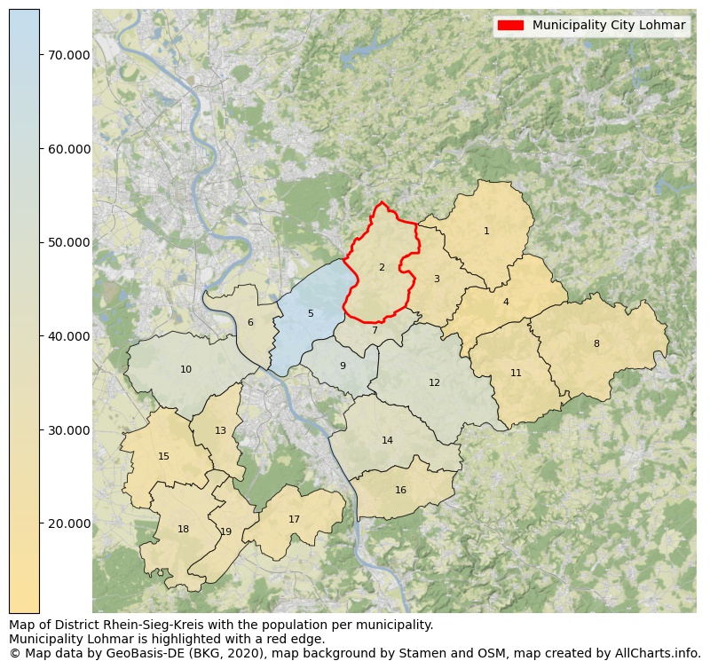 Map of District Rhein-Sieg-Kreis with the population per municipality.Municipality Lohmar is highlighted with a red edge.. This page shows a lot of information about residents (such as the distribution by age groups, family composition, gender, native or German with an immigration background, ...), homes (numbers, types, price development, use, type of property, ...) and more (car ownership, energy consumption, ...) based on open data from the German Federal Agency for Cartography, the Federal Statistical Office (DESTATIS), the Regional Statistical Offices and various other sources!