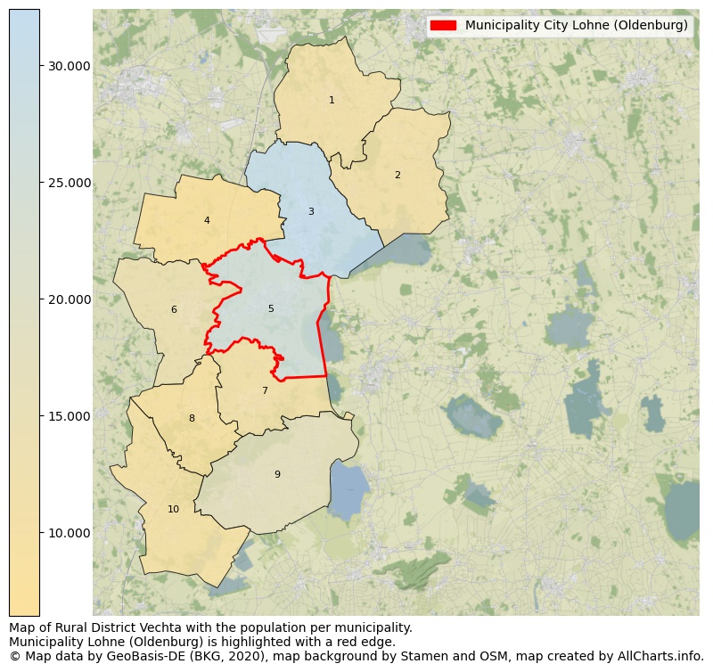 Map of Rural district Vechta with the population per municipality.Municipality Lohne (Oldenburg) is highlighted with a red edge.. This page shows a lot of information about residents (such as the distribution by age groups, family composition, gender, native or German with an immigration background, ...), homes (numbers, types, price development, use, type of property, ...) and more (car ownership, energy consumption, ...) based on open data from the German Federal Agency for Cartography, the Federal Statistical Office (DESTATIS), the Regional Statistical Offices and various other sources!