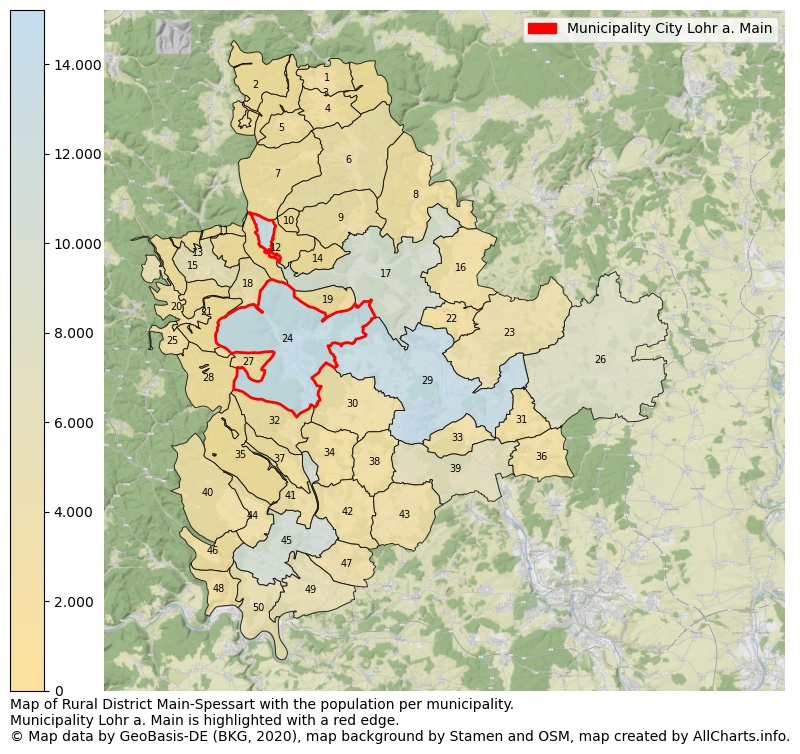 Map of Rural district Main-Spessart with the population per municipality.Municipality Lohr a. Main is highlighted with a red edge.. This page shows a lot of information about residents (such as the distribution by age groups, family composition, gender, native or German with an immigration background, ...), homes (numbers, types, price development, use, type of property, ...) and more (car ownership, energy consumption, ...) based on open data from the German Federal Agency for Cartography, the Federal Statistical Office (DESTATIS), the Regional Statistical Offices and various other sources!