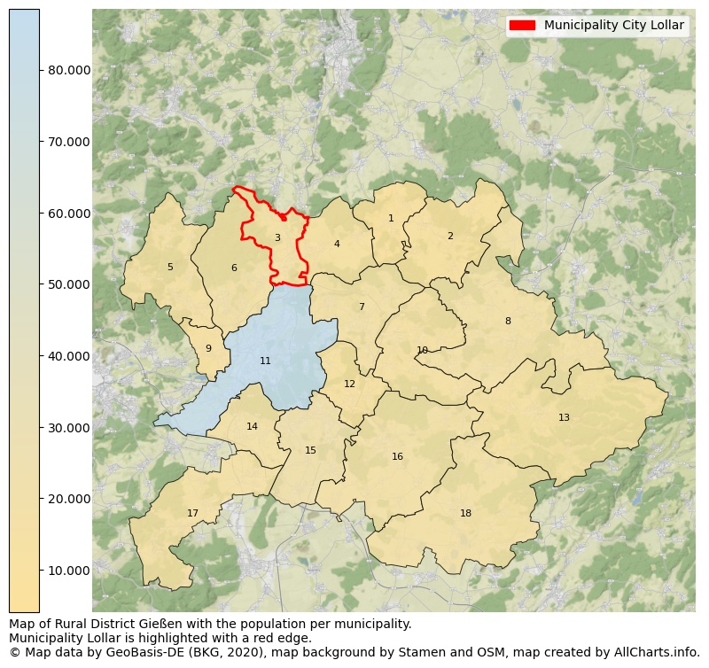 Map of Rural district Gießen with the population per municipality.Municipality Lollar is highlighted with a red edge.. This page shows a lot of information about residents (such as the distribution by age groups, family composition, gender, native or German with an immigration background, ...), homes (numbers, types, price development, use, type of property, ...) and more (car ownership, energy consumption, ...) based on open data from the German Federal Agency for Cartography, the Federal Statistical Office (DESTATIS), the Regional Statistical Offices and various other sources!