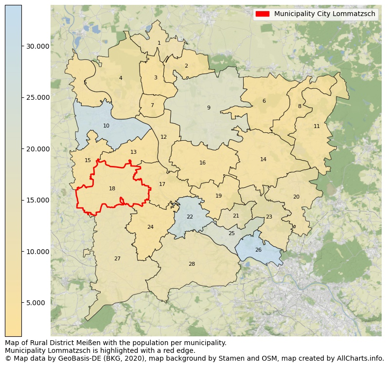 Map of Rural district Meißen with the population per municipality.Municipality Lommatzsch is highlighted with a red edge.. This page shows a lot of information about residents (such as the distribution by age groups, family composition, gender, native or German with an immigration background, ...), homes (numbers, types, price development, use, type of property, ...) and more (car ownership, energy consumption, ...) based on open data from the German Federal Agency for Cartography, the Federal Statistical Office (DESTATIS), the Regional Statistical Offices and various other sources!