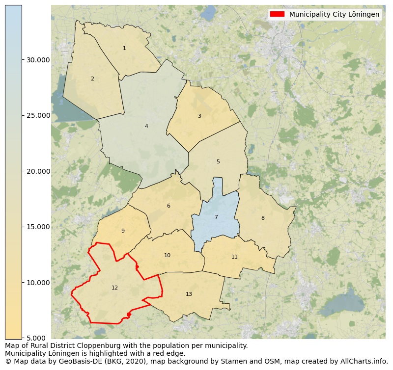Map of Rural district Cloppenburg with the population per municipality.Municipality Löningen is highlighted with a red edge.. This page shows a lot of information about residents (such as the distribution by age groups, family composition, gender, native or German with an immigration background, ...), homes (numbers, types, price development, use, type of property, ...) and more (car ownership, energy consumption, ...) based on open data from the German Federal Agency for Cartography, the Federal Statistical Office (DESTATIS), the Regional Statistical Offices and various other sources!