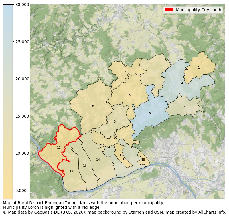 Map of Rural district Rheingau-Taunus-Kreis with the population per municipality.Municipality Lorch is highlighted with a red edge.. This page shows a lot of information about residents (such as the distribution by age groups, family composition, gender, native or German with an immigration background, ...), homes (numbers, types, price development, use, type of property, ...) and more (car ownership, energy consumption, ...) based on open data from the German Federal Agency for Cartography, the Federal Statistical Office (DESTATIS), the Regional Statistical Offices and various other sources!
