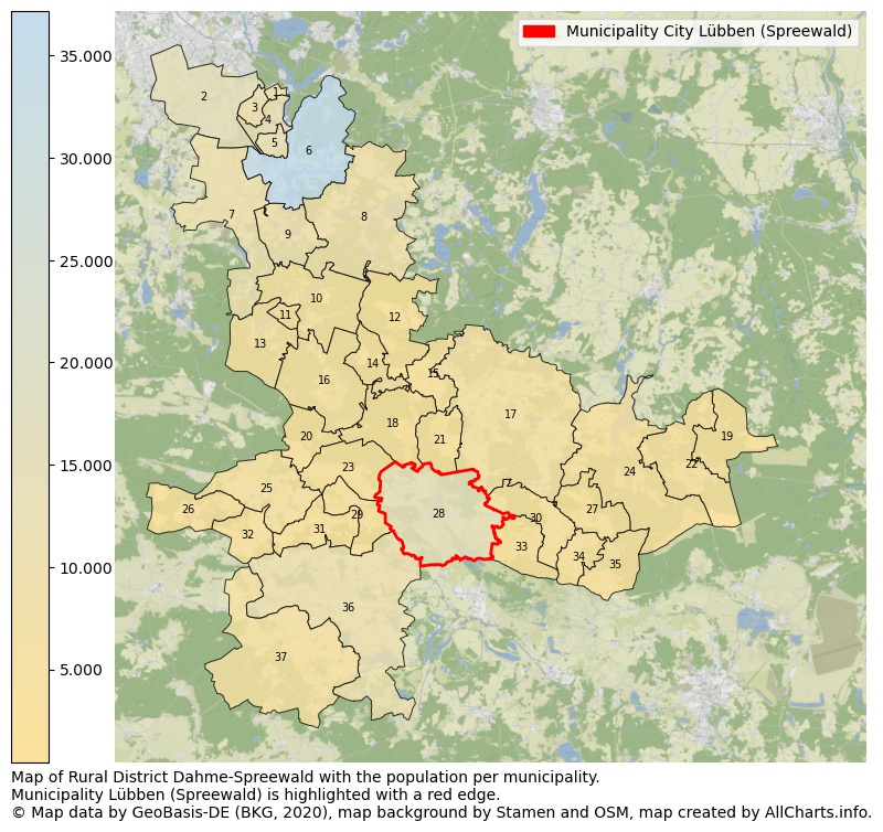 Map of Rural district Dahme-Spreewald with the population per municipality.Municipality Lübben (Spreewald) is highlighted with a red edge.. This page shows a lot of information about residents (such as the distribution by age groups, family composition, gender, native or German with an immigration background, ...), homes (numbers, types, price development, use, type of property, ...) and more (car ownership, energy consumption, ...) based on open data from the German Federal Agency for Cartography, the Federal Statistical Office (DESTATIS), the Regional Statistical Offices and various other sources!