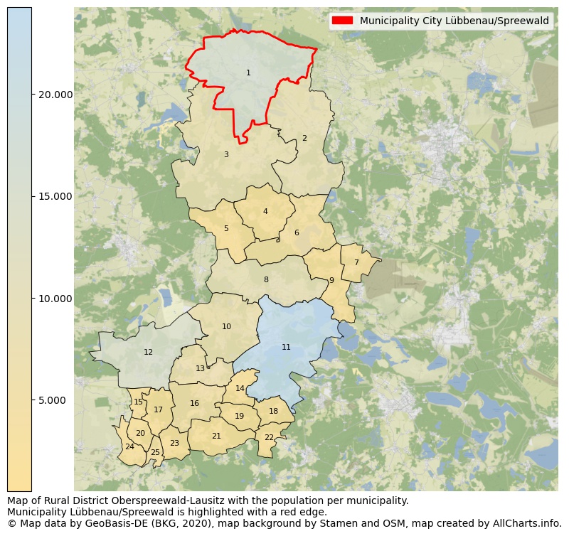 Map of Rural district Oberspreewald-Lausitz with the population per municipality.Municipality Lübbenau/Spreewald is highlighted with a red edge.. This page shows a lot of information about residents (such as the distribution by age groups, family composition, gender, native or German with an immigration background, ...), homes (numbers, types, price development, use, type of property, ...) and more (car ownership, energy consumption, ...) based on open data from the German Federal Agency for Cartography, the Federal Statistical Office (DESTATIS), the Regional Statistical Offices and various other sources!