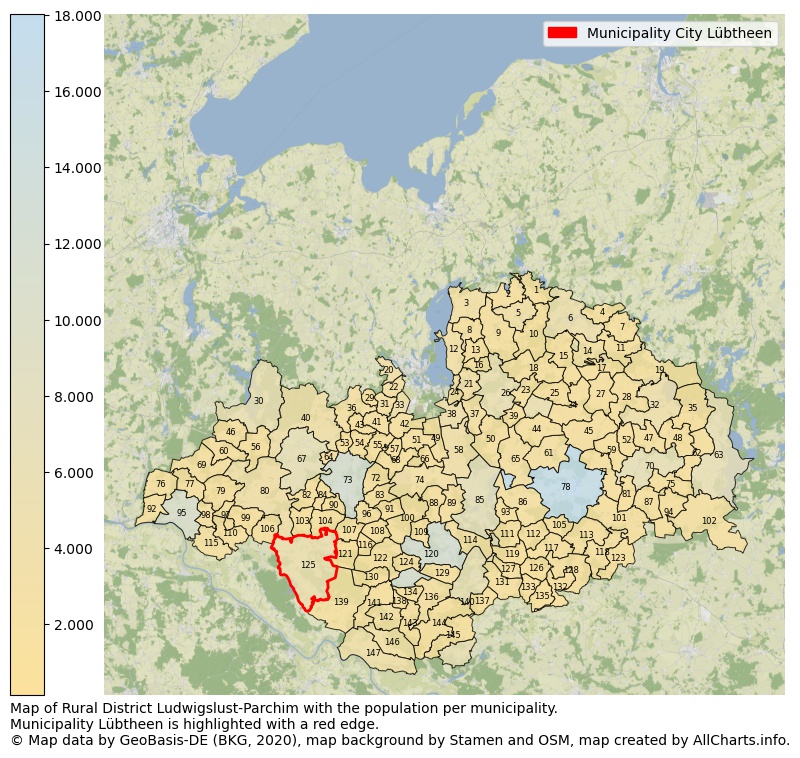 Map of Rural district Ludwigslust-Parchim with the population per municipality.Municipality Lübtheen is highlighted with a red edge.. This page shows a lot of information about residents (such as the distribution by age groups, family composition, gender, native or German with an immigration background, ...), homes (numbers, types, price development, use, type of property, ...) and more (car ownership, energy consumption, ...) based on open data from the German Federal Agency for Cartography, the Federal Statistical Office (DESTATIS), the Regional Statistical Offices and various other sources!