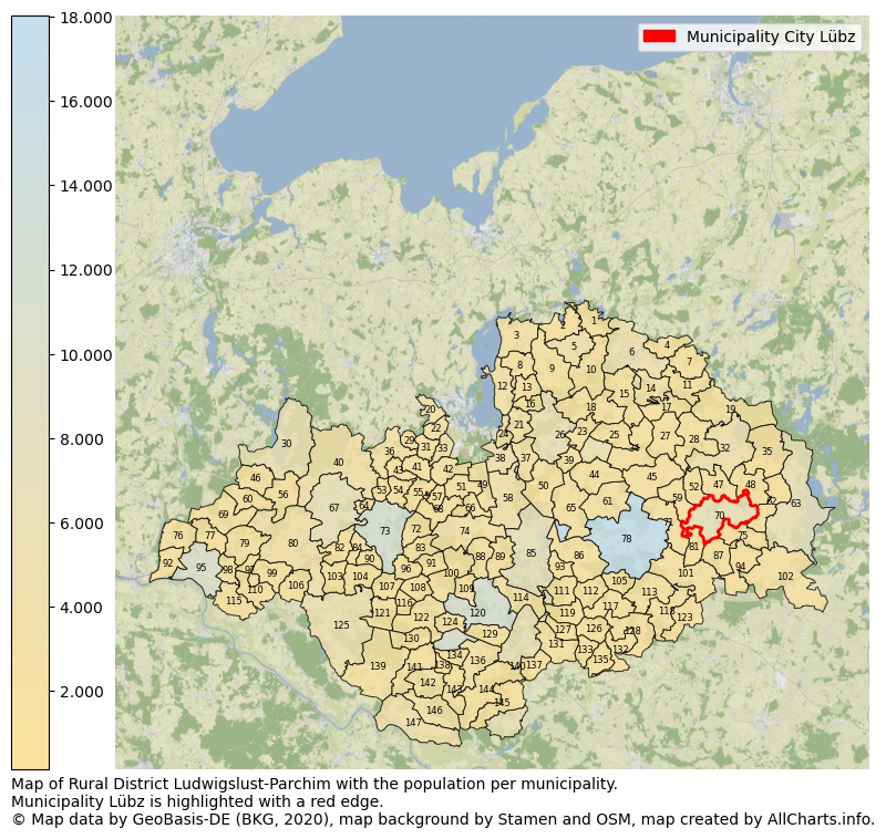 Map of Rural district Ludwigslust-Parchim with the population per municipality.Municipality Lübz is highlighted with a red edge.. This page shows a lot of information about residents (such as the distribution by age groups, family composition, gender, native or German with an immigration background, ...), homes (numbers, types, price development, use, type of property, ...) and more (car ownership, energy consumption, ...) based on open data from the German Federal Agency for Cartography, the Federal Statistical Office (DESTATIS), the Regional Statistical Offices and various other sources!