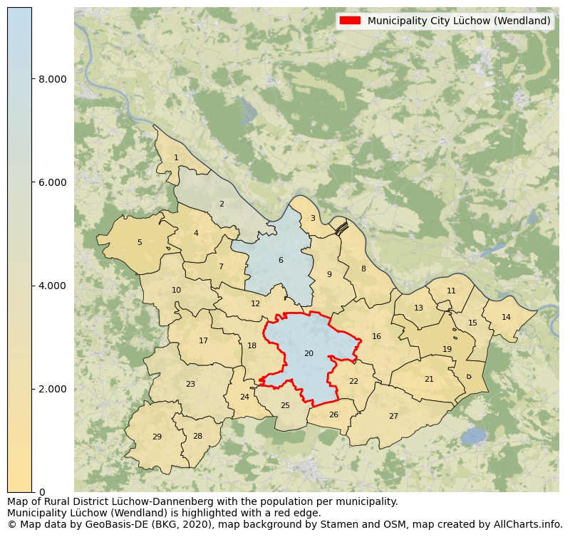 Map of Rural district Lüchow-Dannenberg with the population per municipality.Municipality Lüchow (Wendland) is highlighted with a red edge.. This page shows a lot of information about residents (such as the distribution by age groups, family composition, gender, native or German with an immigration background, ...), homes (numbers, types, price development, use, type of property, ...) and more (car ownership, energy consumption, ...) based on open data from the German Federal Agency for Cartography, the Federal Statistical Office (DESTATIS), the Regional Statistical Offices and various other sources!