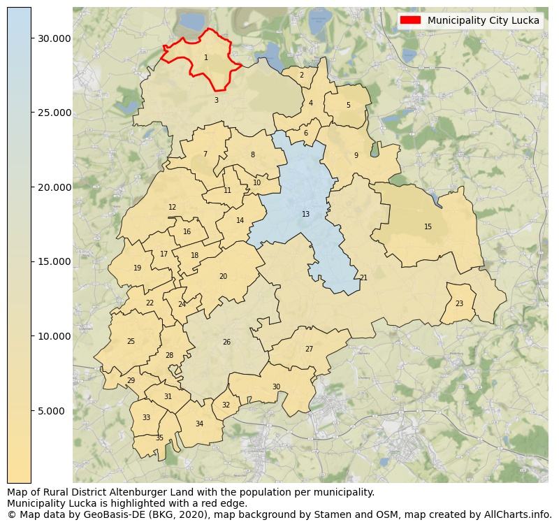 Map of Rural district Altenburger Land with the population per municipality.Municipality Lucka is highlighted with a red edge.. This page shows a lot of information about residents (such as the distribution by age groups, family composition, gender, native or German with an immigration background, ...), homes (numbers, types, price development, use, type of property, ...) and more (car ownership, energy consumption, ...) based on open data from the German Federal Agency for Cartography, the Federal Statistical Office (DESTATIS), the Regional Statistical Offices and various other sources!