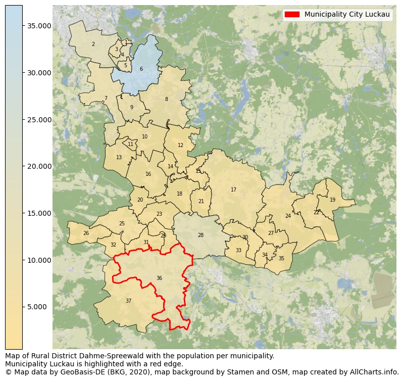 Map of Rural district Dahme-Spreewald with the population per municipality.Municipality Luckau is highlighted with a red edge.. This page shows a lot of information about residents (such as the distribution by age groups, family composition, gender, native or German with an immigration background, ...), homes (numbers, types, price development, use, type of property, ...) and more (car ownership, energy consumption, ...) based on open data from the German Federal Agency for Cartography, the Federal Statistical Office (DESTATIS), the Regional Statistical Offices and various other sources!
