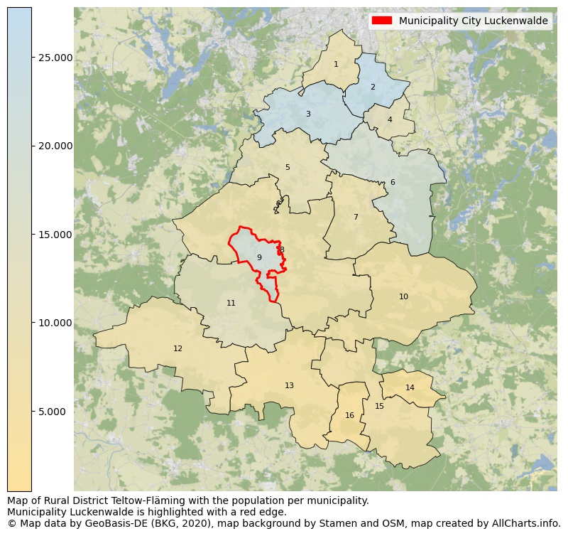 Map of Rural district Teltow-Fläming with the population per municipality.Municipality Luckenwalde is highlighted with a red edge.. This page shows a lot of information about residents (such as the distribution by age groups, family composition, gender, native or German with an immigration background, ...), homes (numbers, types, price development, use, type of property, ...) and more (car ownership, energy consumption, ...) based on open data from the German Federal Agency for Cartography, the Federal Statistical Office (DESTATIS), the Regional Statistical Offices and various other sources!
