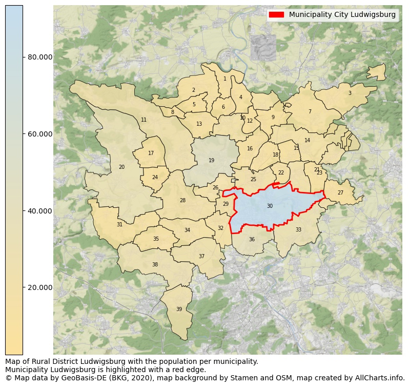Map of Rural district Ludwigsburg with the population per municipality.Municipality Ludwigsburg is highlighted with a red edge.. This page shows a lot of information about residents (such as the distribution by age groups, family composition, gender, native or German with an immigration background, ...), homes (numbers, types, price development, use, type of property, ...) and more (car ownership, energy consumption, ...) based on open data from the German Federal Agency for Cartography, the Federal Statistical Office (DESTATIS), the Regional Statistical Offices and various other sources!