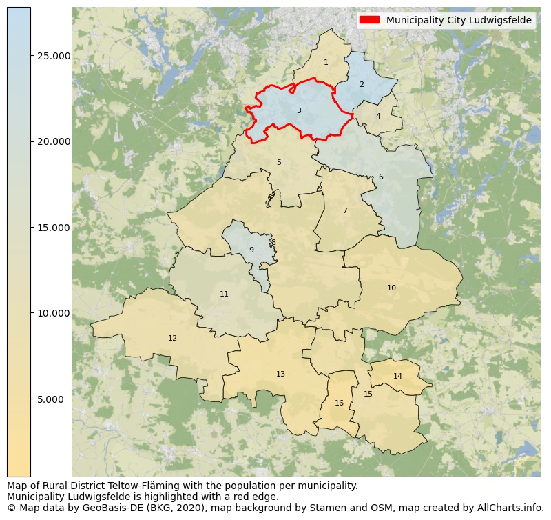 Map of Rural district Teltow-Fläming with the population per municipality.Municipality Ludwigsfelde is highlighted with a red edge.. This page shows a lot of information about residents (such as the distribution by age groups, family composition, gender, native or German with an immigration background, ...), homes (numbers, types, price development, use, type of property, ...) and more (car ownership, energy consumption, ...) based on open data from the German Federal Agency for Cartography, the Federal Statistical Office (DESTATIS), the Regional Statistical Offices and various other sources!