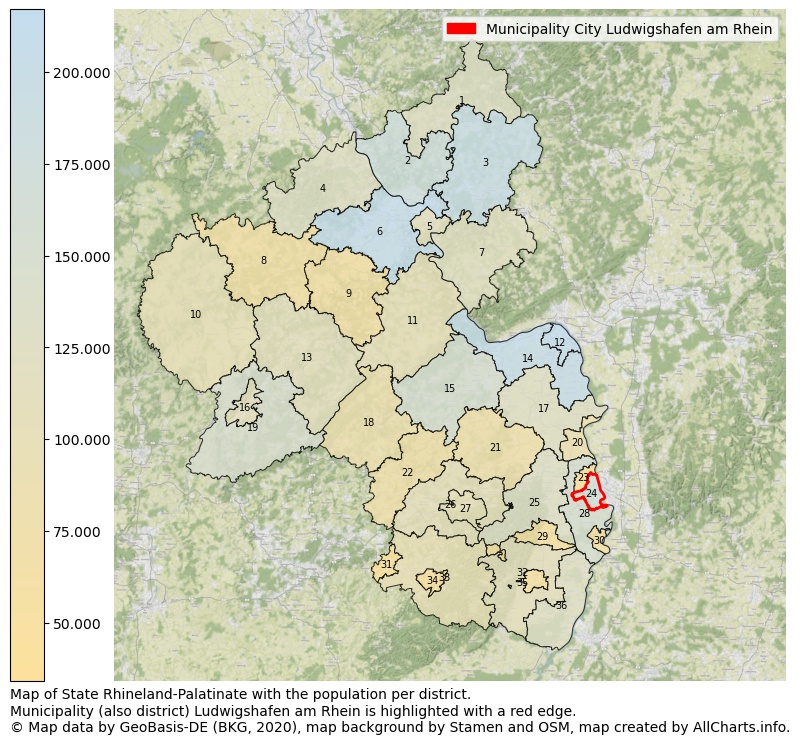 Map of State Rhineland-Palatinate with the population per district.Municipality (also district) Ludwigshafen am Rhein is highlighted with a red edge.. This page shows a lot of information about residents (such as the distribution by age groups, family composition, gender, native or German with an immigration background, ...), homes (numbers, types, price development, use, type of property, ...) and more (car ownership, energy consumption, ...) based on open data from the German Federal Agency for Cartography, the Federal Statistical Office (DESTATIS), the Regional Statistical Offices and various other sources!