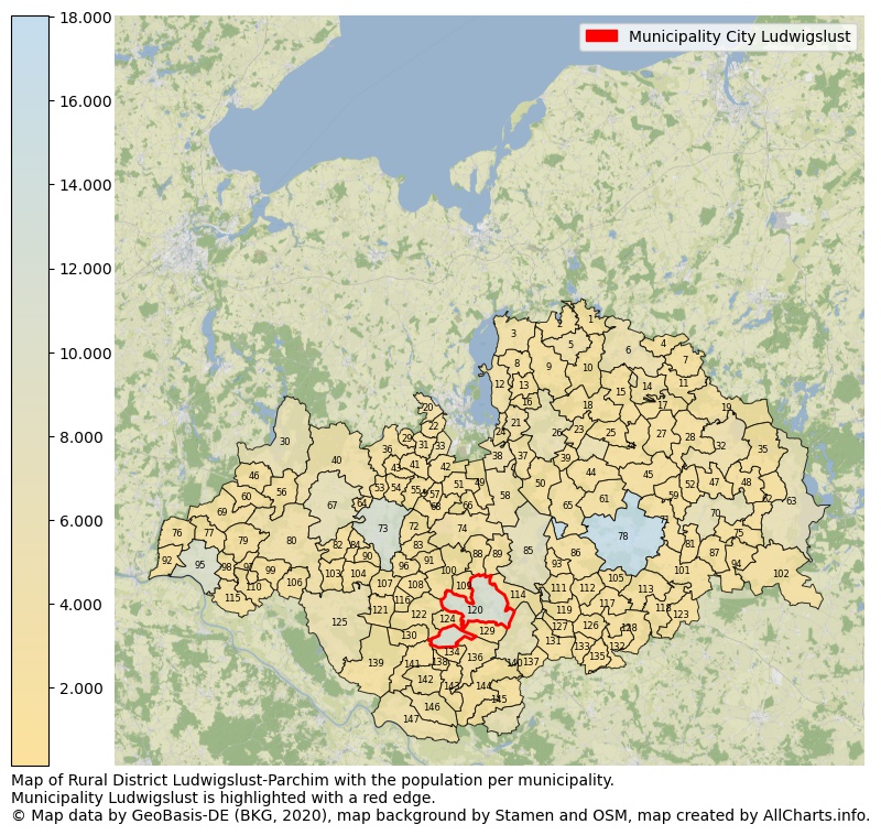 Map of Rural district Ludwigslust-Parchim with the population per municipality.Municipality Ludwigslust is highlighted with a red edge.. This page shows a lot of information about residents (such as the distribution by age groups, family composition, gender, native or German with an immigration background, ...), homes (numbers, types, price development, use, type of property, ...) and more (car ownership, energy consumption, ...) based on open data from the German Federal Agency for Cartography, the Federal Statistical Office (DESTATIS), the Regional Statistical Offices and various other sources!
