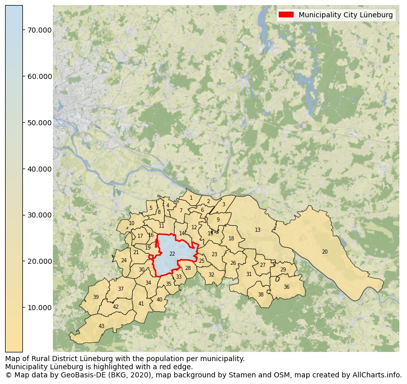 Map of Rural district Lüneburg with the population per municipality.Municipality Lüneburg is highlighted with a red edge.. This page shows a lot of information about residents (such as the distribution by age groups, family composition, gender, native or German with an immigration background, ...), homes (numbers, types, price development, use, type of property, ...) and more (car ownership, energy consumption, ...) based on open data from the German Federal Agency for Cartography, the Federal Statistical Office (DESTATIS), the Regional Statistical Offices and various other sources!