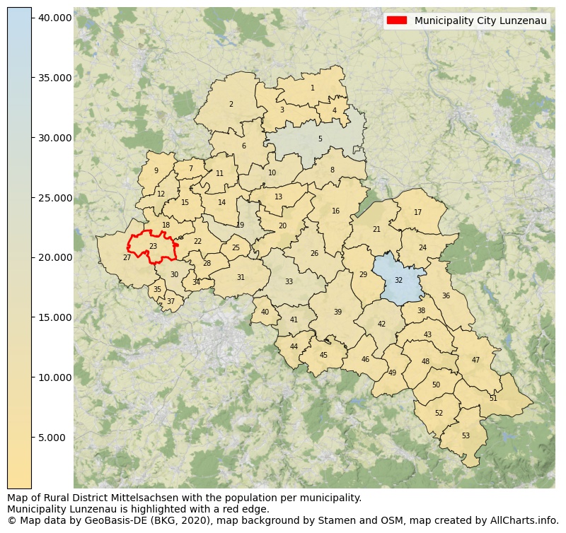 Map of Rural district Mittelsachsen with the population per municipality.Municipality Lunzenau is highlighted with a red edge.. This page shows a lot of information about residents (such as the distribution by age groups, family composition, gender, native or German with an immigration background, ...), homes (numbers, types, price development, use, type of property, ...) and more (car ownership, energy consumption, ...) based on open data from the German Federal Agency for Cartography, the Federal Statistical Office (DESTATIS), the Regional Statistical Offices and various other sources!