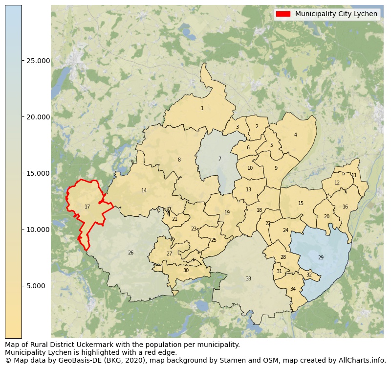 Map of Rural district Uckermark with the population per municipality.Municipality Lychen is highlighted with a red edge.. This page shows a lot of information about residents (such as the distribution by age groups, family composition, gender, native or German with an immigration background, ...), homes (numbers, types, price development, use, type of property, ...) and more (car ownership, energy consumption, ...) based on open data from the German Federal Agency for Cartography, the Federal Statistical Office (DESTATIS), the Regional Statistical Offices and various other sources!