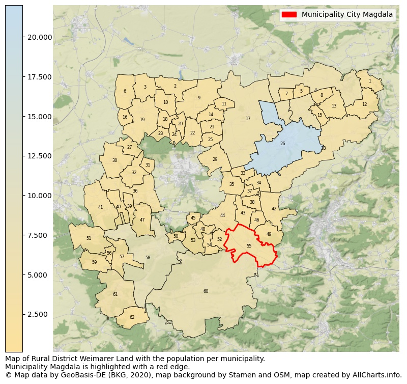 Map of Rural district Weimarer Land with the population per municipality.Municipality Magdala is highlighted with a red edge.. This page shows a lot of information about residents (such as the distribution by age groups, family composition, gender, native or German with an immigration background, ...), homes (numbers, types, price development, use, type of property, ...) and more (car ownership, energy consumption, ...) based on open data from the German Federal Agency for Cartography, the Federal Statistical Office (DESTATIS), the Regional Statistical Offices and various other sources!