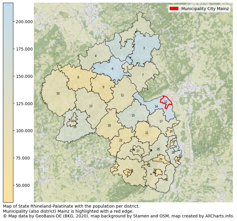 Map of State Rhineland-Palatinate with the population per district.Municipality (also district) Mainz is highlighted with a red edge.. This page shows a lot of information about residents (such as the distribution by age groups, family composition, gender, native or German with an immigration background, ...), homes (numbers, types, price development, use, type of property, ...) and more (car ownership, energy consumption, ...) based on open data from the German Federal Agency for Cartography, the Federal Statistical Office (DESTATIS), the Regional Statistical Offices and various other sources!